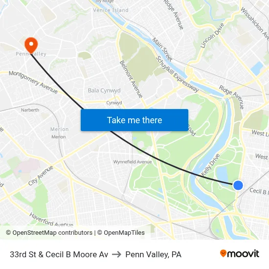 33rd St & Cecil B Moore Av to Penn Valley, PA map