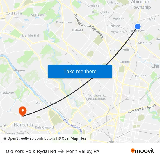 Old York Rd & Rydal Rd to Penn Valley, PA map