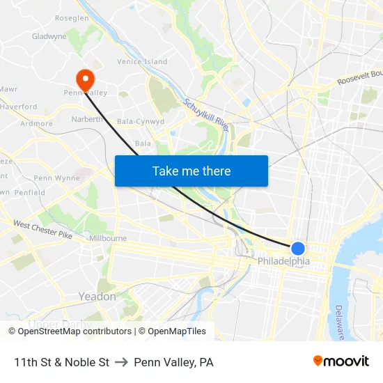 11th St & Noble St to Penn Valley, PA map