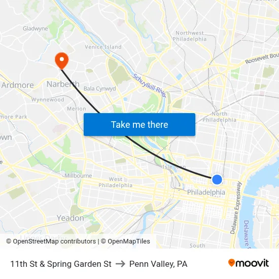 11th St & Spring Garden St to Penn Valley, PA map