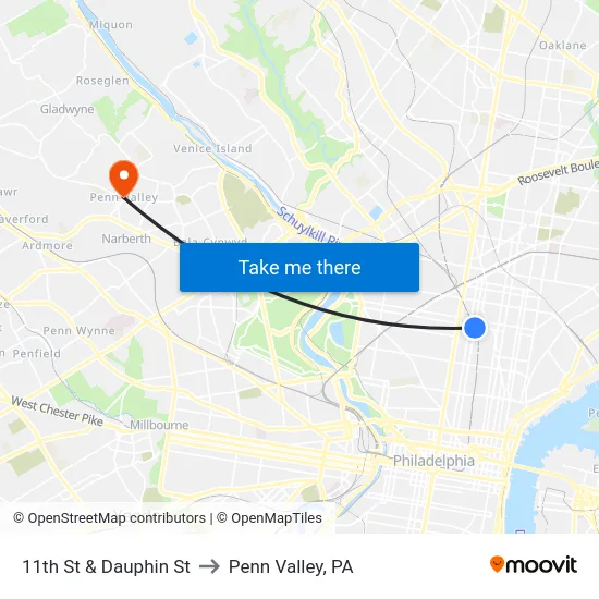 11th St & Dauphin St to Penn Valley, PA map