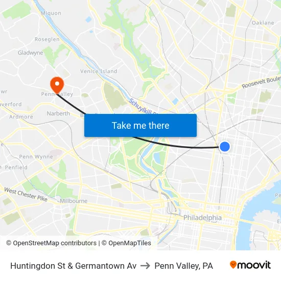 Huntingdon St & Germantown Av to Penn Valley, PA map
