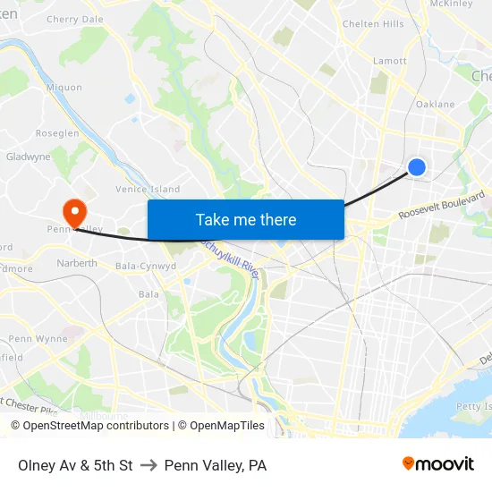 Olney Av & 5th St to Penn Valley, PA map