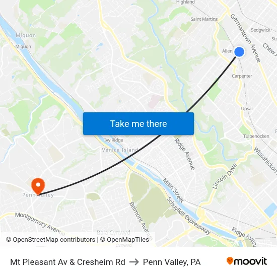 Mt Pleasant Av & Cresheim Rd to Penn Valley, PA map
