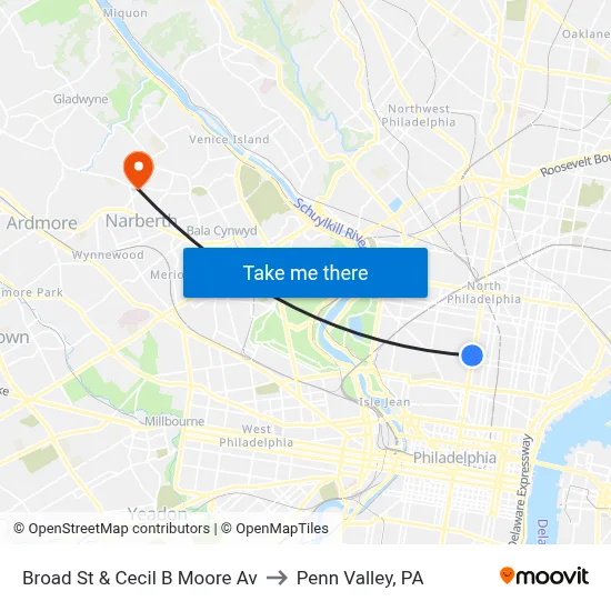 Broad St & Cecil B Moore Av to Penn Valley, PA map