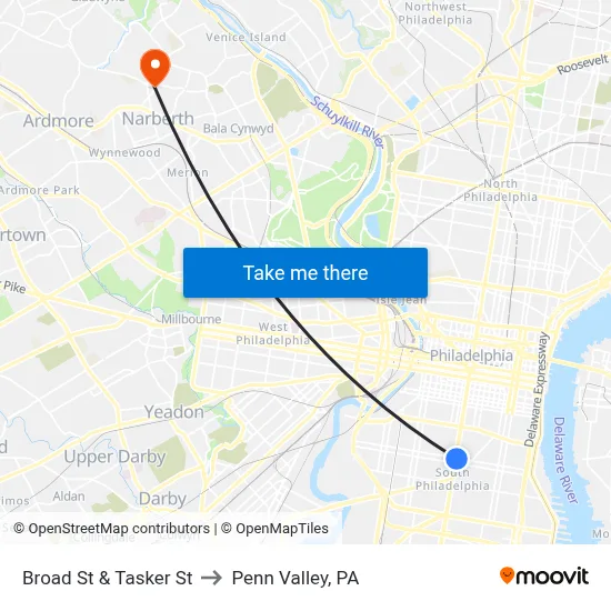 Broad St & Tasker St to Penn Valley, PA map