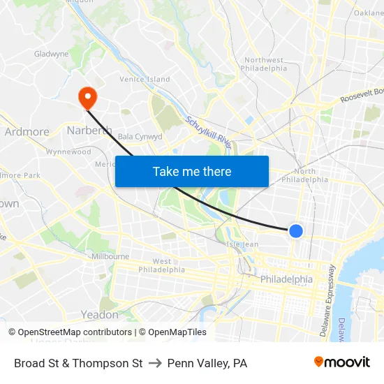 Broad St & Thompson St to Penn Valley, PA map