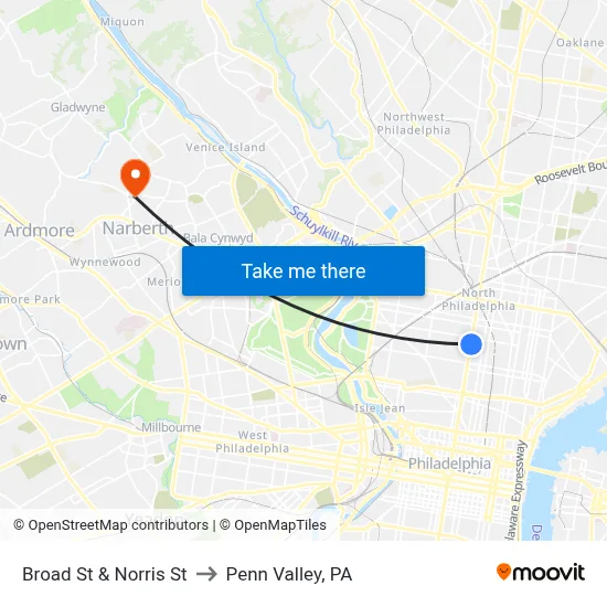Broad St & Norris St to Penn Valley, PA map