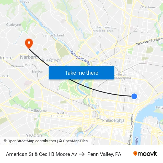 American St & Cecil B Moore Av to Penn Valley, PA map