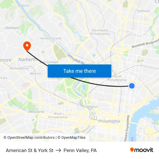 American St & York St to Penn Valley, PA map
