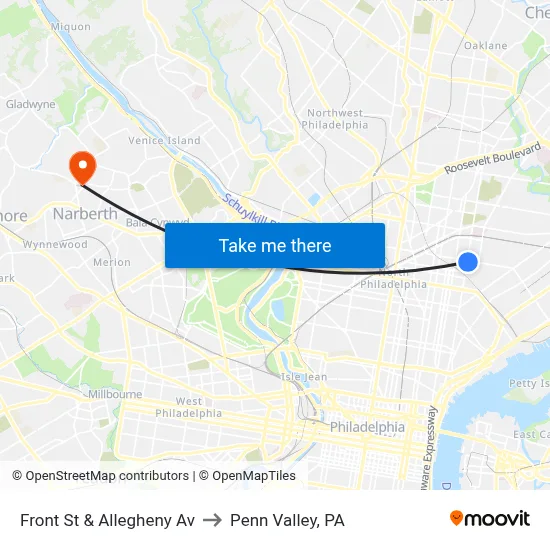 Front St & Allegheny Av to Penn Valley, PA map