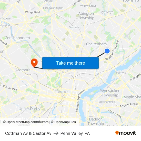Cottman Av & Castor Av to Penn Valley, PA map