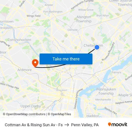 Cottman Av & Rising Sun Av - Fs to Penn Valley, PA map