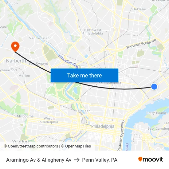 Aramingo Av & Allegheny Av to Penn Valley, PA map