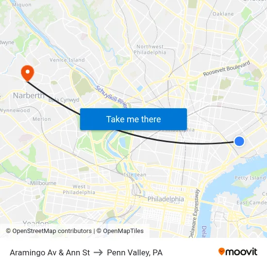 Aramingo Av & Ann St to Penn Valley, PA map