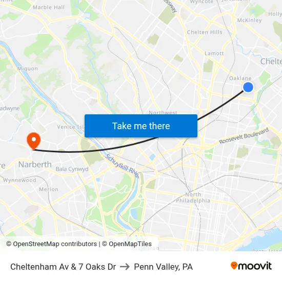Cheltenham Av & 7 Oaks Dr to Penn Valley, PA map