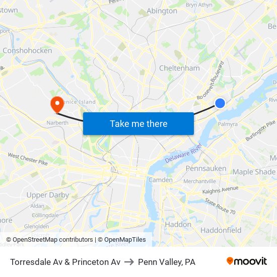 Torresdale Av & Princeton Av to Penn Valley, PA map