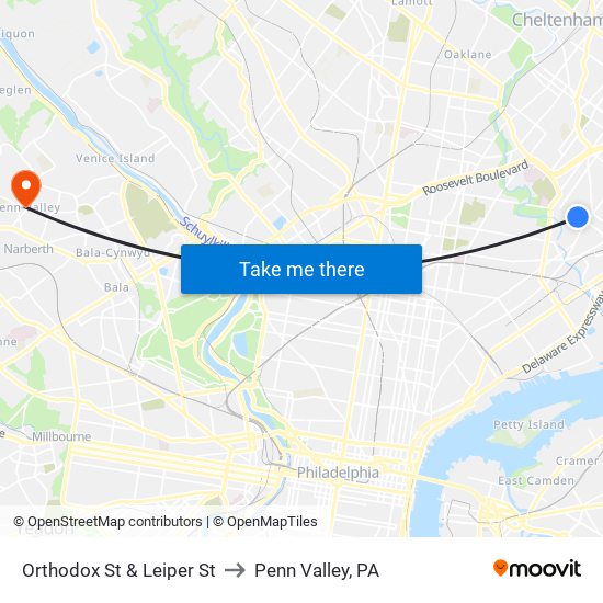 Orthodox St & Leiper St to Penn Valley, PA map