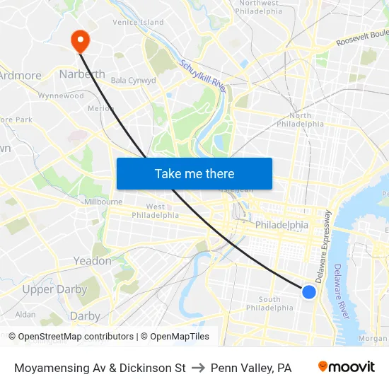 Moyamensing Av & Dickinson St to Penn Valley, PA map