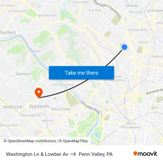 Washington Ln & Lowber Av to Penn Valley, PA map