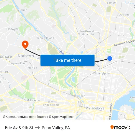 Erie Av & 9th St to Penn Valley, PA map