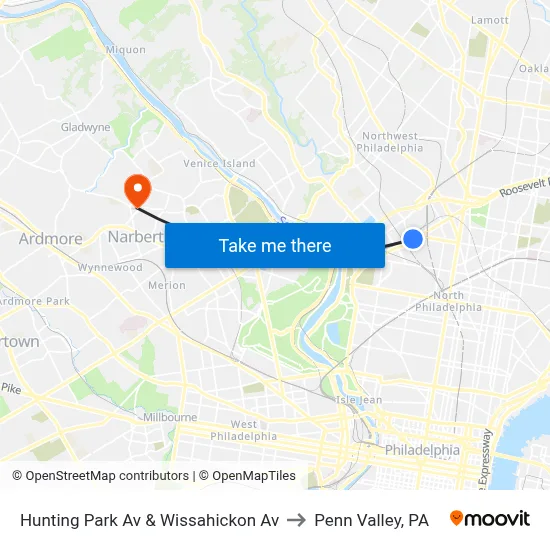 Hunting Park Av & Wissahickon Av to Penn Valley, PA map