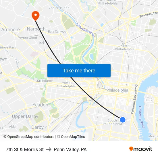 7th St & Morris St to Penn Valley, PA map