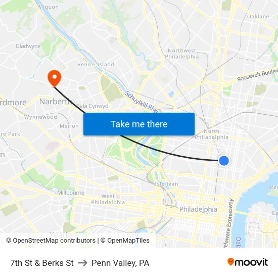 7th St & Berks St to Penn Valley, PA map