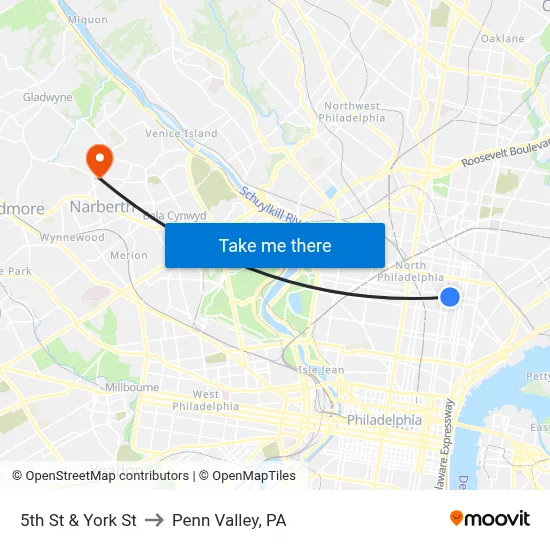 5th St & York St to Penn Valley, PA map