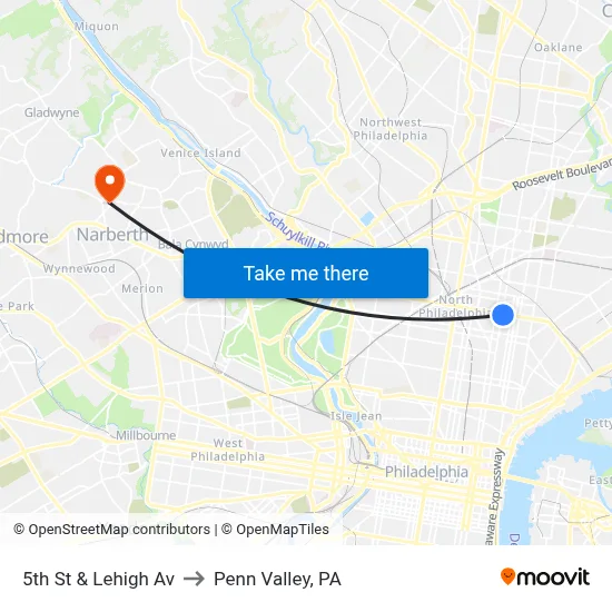 5th St & Lehigh Av to Penn Valley, PA map