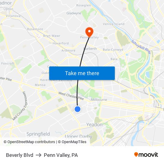 Beverly Blvd to Penn Valley, PA map