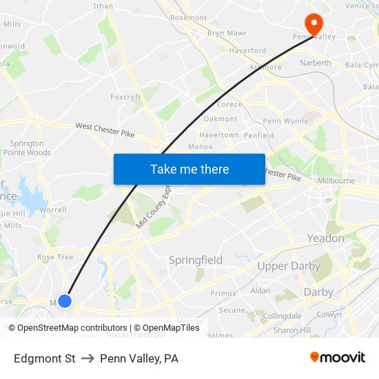 Edgmont St to Penn Valley, PA map