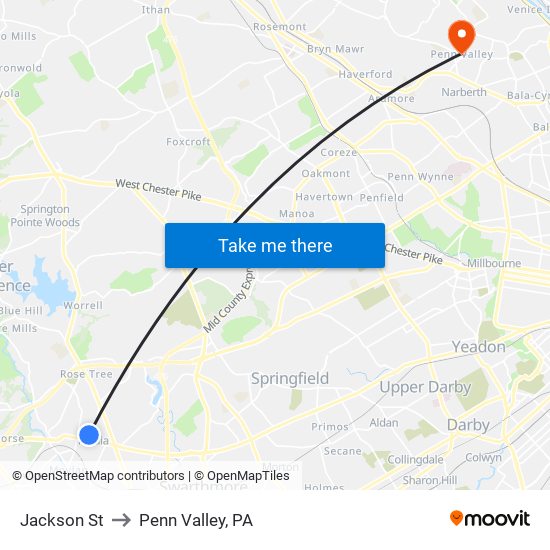 Jackson St to Penn Valley, PA map