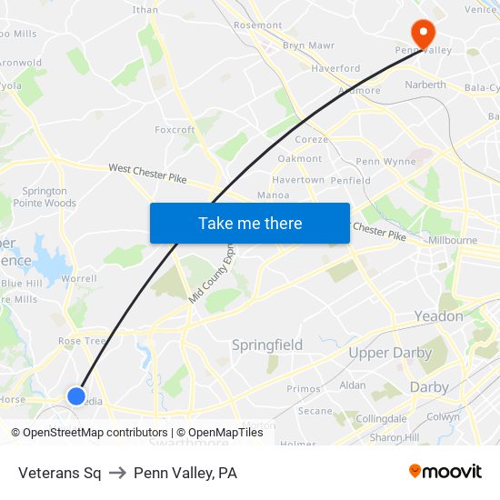 Veterans Sq to Penn Valley, PA map