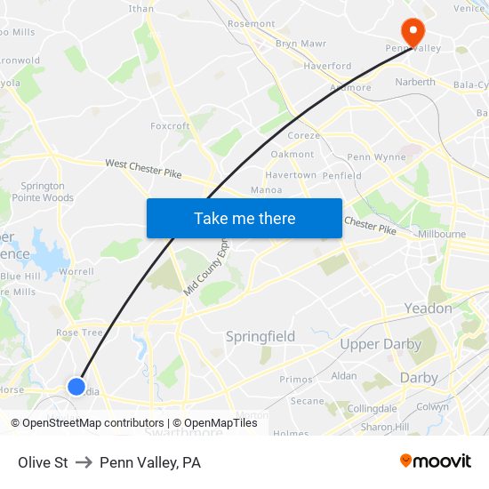 Olive St to Penn Valley, PA map