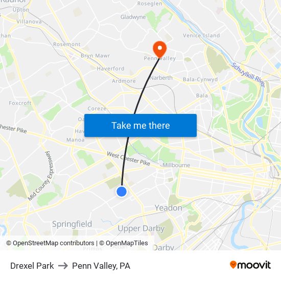 Drexel Park to Penn Valley, PA map