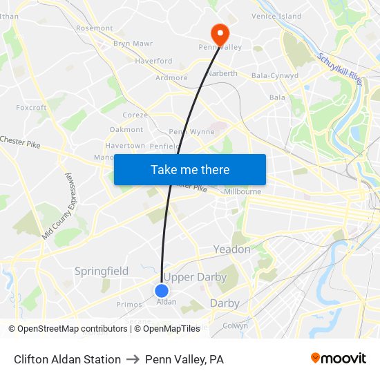 Clifton Aldan Station to Penn Valley, PA map