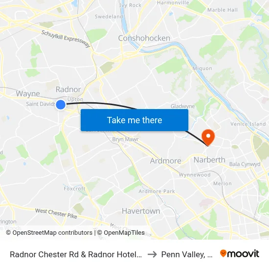 Radnor Chester Rd & Radnor Hotel Dr to Penn Valley, PA map