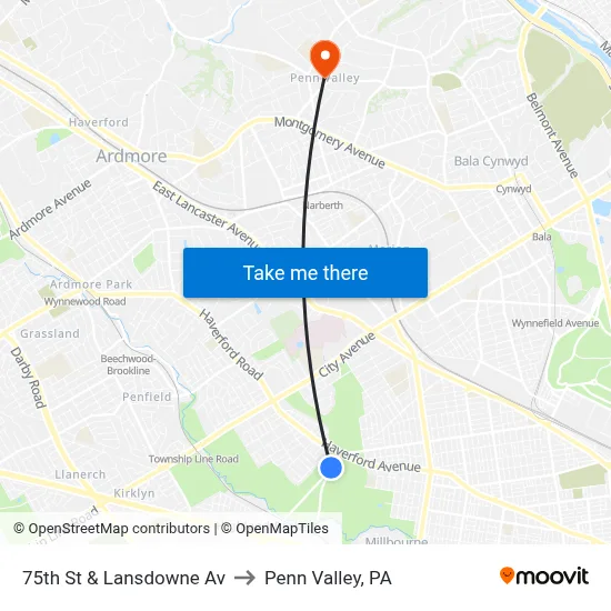 75th St & Lansdowne Av to Penn Valley, PA map