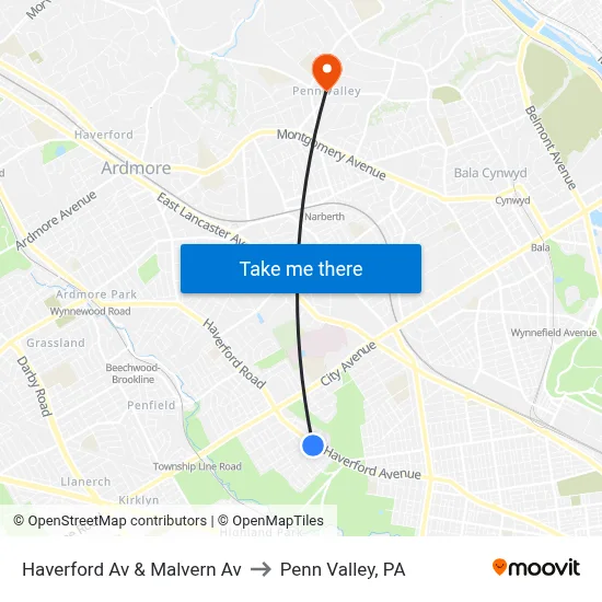 Haverford Av & Malvern Av to Penn Valley, PA map
