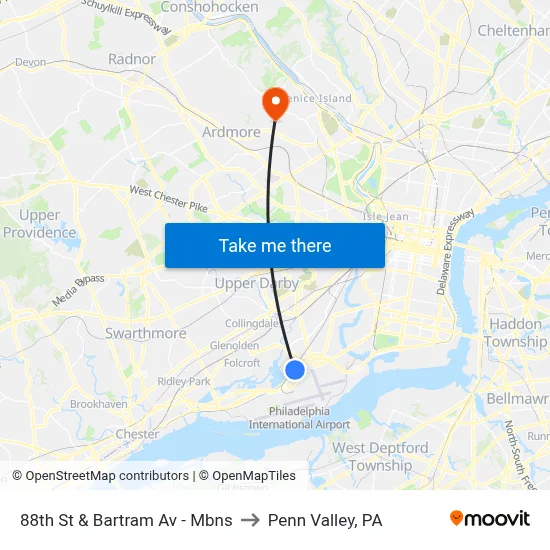 88th St & Bartram Av - Mbns to Penn Valley, PA map
