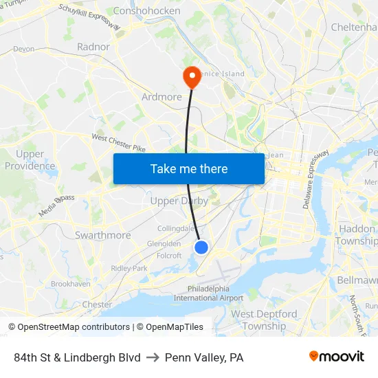 84th St & Lindbergh Blvd to Penn Valley, PA map