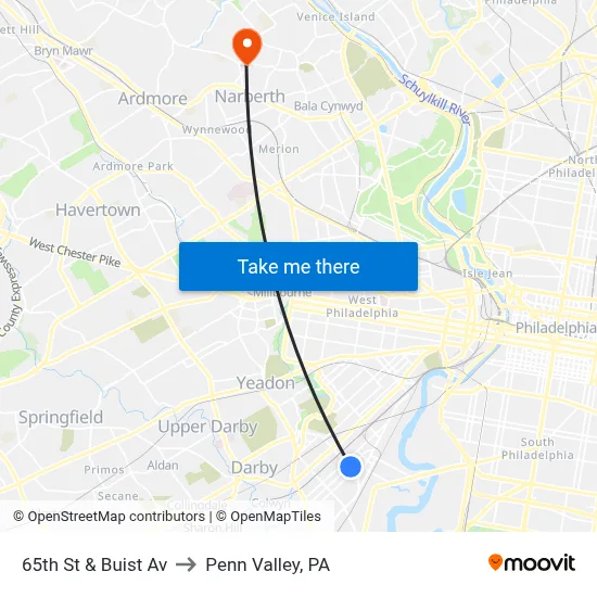 65th St & Buist Av to Penn Valley, PA map