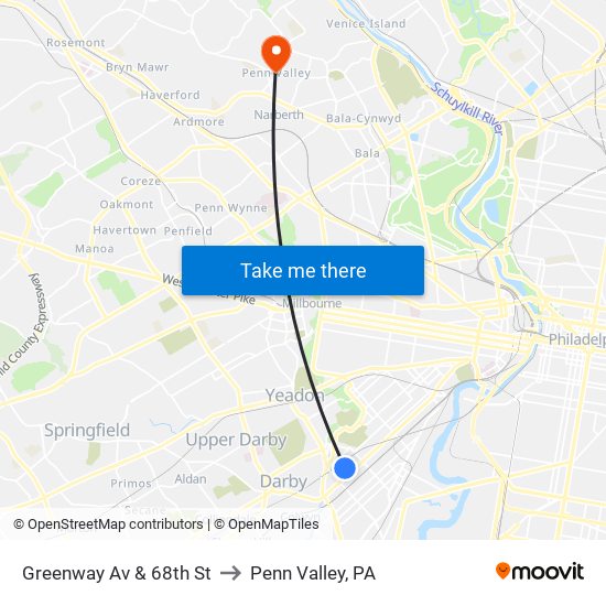 Greenway Av & 68th St to Penn Valley, PA map