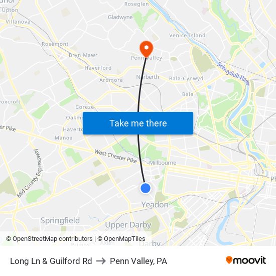 Long Ln & Guilford Rd to Penn Valley, PA map