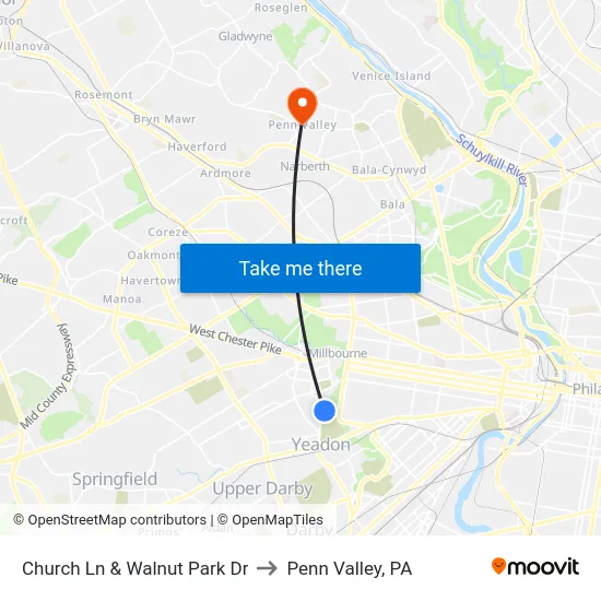 Church Ln & Walnut Park Dr to Penn Valley, PA map