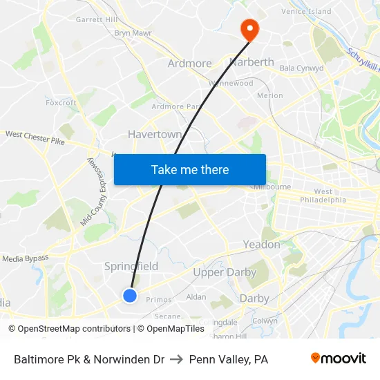 Baltimore Pk & Norwinden Dr to Penn Valley, PA map
