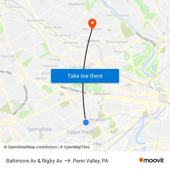 Baltimore Av & Rigby Av to Penn Valley, PA map