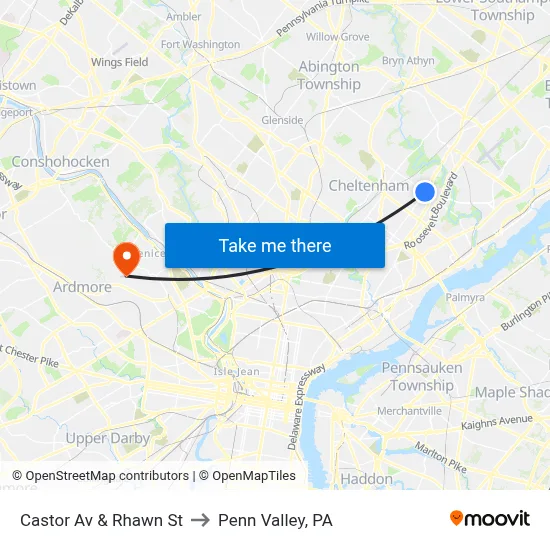 Castor Av & Rhawn St to Penn Valley, PA map