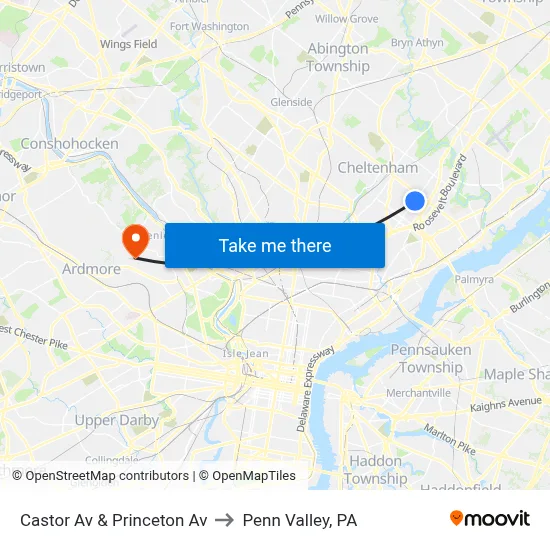 Castor Av & Princeton Av to Penn Valley, PA map